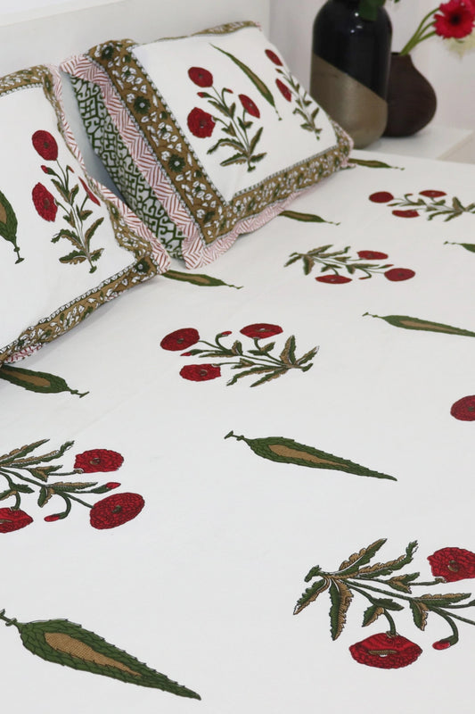 Blushing Poppies Handprinted Bedsheets King Size