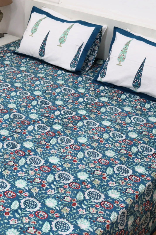 Ramya Block Print Percale Cotton Bedsheet 400 TC with Two Matching Pillow Covers