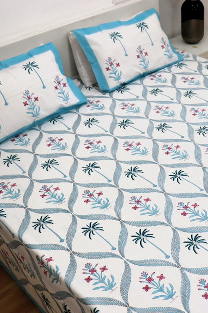 Ramya Block Print Percale Bed Sheet for Super king Size Bed 400 TC with Two Matching Pillow Covers