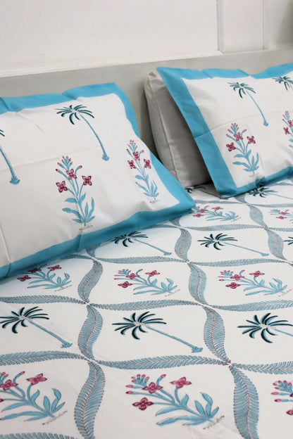 Ramya Block Print Percale Bed Sheet for Super king Size Bed 400 TC with Two Matching Pillow Covers