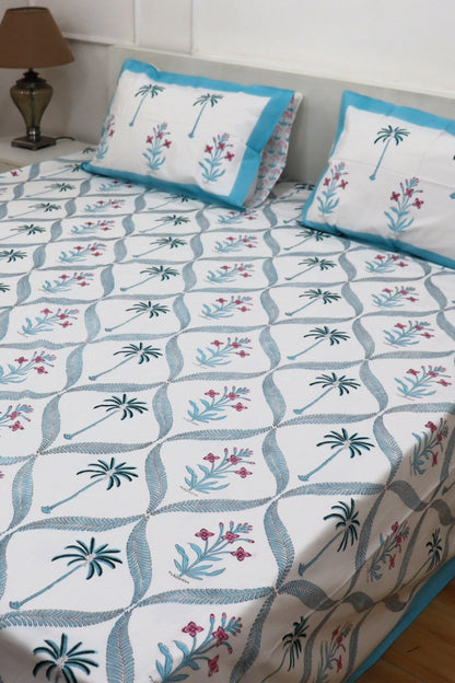 Ramya Block Print Percale Bed Sheet for Super king Size Bed 400 TC with Two Matching Pillow Covers