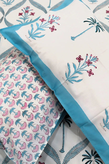 Ramya Block Print Percale Bed Sheet for Super king Size Bed 400 TC with Two Matching Pillow Covers