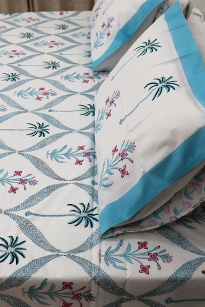 Ramya Block Print Percale Bed Sheet for Super king Size Bed 400 TC with Two Matching Pillow Covers