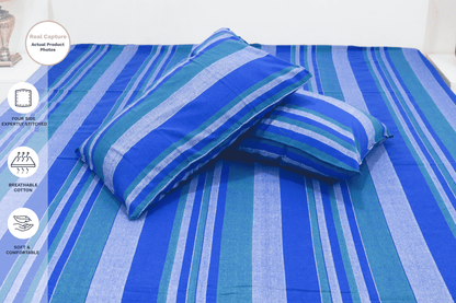 theindiglobal Premium Handloom Cotton bedsheet for double bed (90 X 100 Inches) with 2 Pillow Covers, Classic Lines, 210 Threadcount ( Blue)