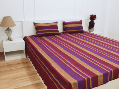 theindiglobal Premium Handloom Cotton bedsheet for Double Bed (90 X 100 Inches) with 2 Pillow Covers, Classic Lines, 210 Threadcount (Maroon & Purple)…