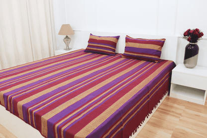 theindiglobal Premium Handloom Cotton bedsheet for Double Bed (90 X 100 Inches) with 2 Pillow Covers, Classic Lines, 210 Threadcount (Maroon & Purple)…