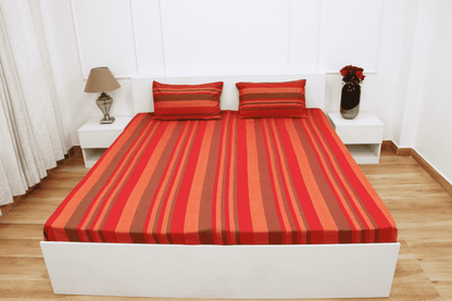 theindiglobal Premium Handloom Cotton bedsheet for double bed (90 X 100 Inches) with 2 Pillow Covers, Classic Lines, 210 Threadcount (Red)…