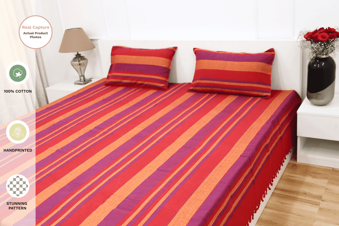 theindiglobal Premium Handloom Cotton bedsheet for double bed (90 X 100 Inches) with 2 Pillow Covers, Classic Lines, 210 Threadcount (Red-Purple)…