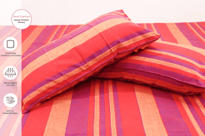 theindiglobal Premium Handloom Cotton bedsheet for double bed (90 X 100 Inches) with 2 Pillow Covers, Classic Lines, 210 Threadcount (Red-Purple)…