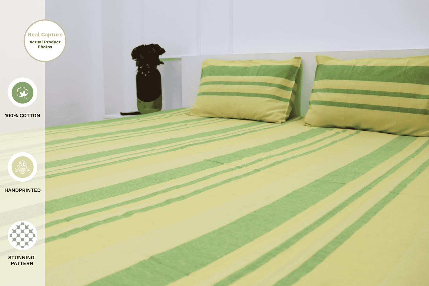 theindiglobal Premium Handloom Cotton bedsheet for double bed (90 X 100 Inches) with 2 Pillow Covers, Classic Lines, 210 Threadcount (Yellow & Green)…