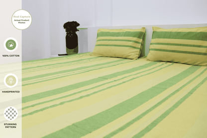 theindiglobal Premium Handloom Cotton bedsheet for double bed (90 X 100 Inches) with 2 Pillow Covers, Classic Lines, 210 Threadcount (Yellow & Green)…