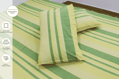 theindiglobal Premium Handloom Cotton bedsheet for double bed (90 X 100 Inches) with 2 Pillow Covers, Classic Lines, 210 Threadcount (Yellow & Green)…