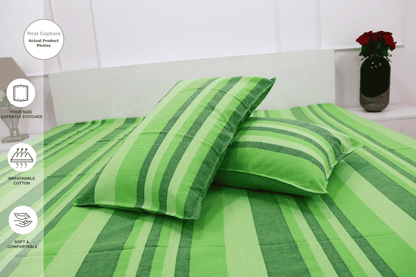 theindiglobal Premium Handloom Cotton bedsheet for double bed (90 X 100 Inches) with 2 Pillow Covers, Classic Lines, 210 Threadcount (Green)…