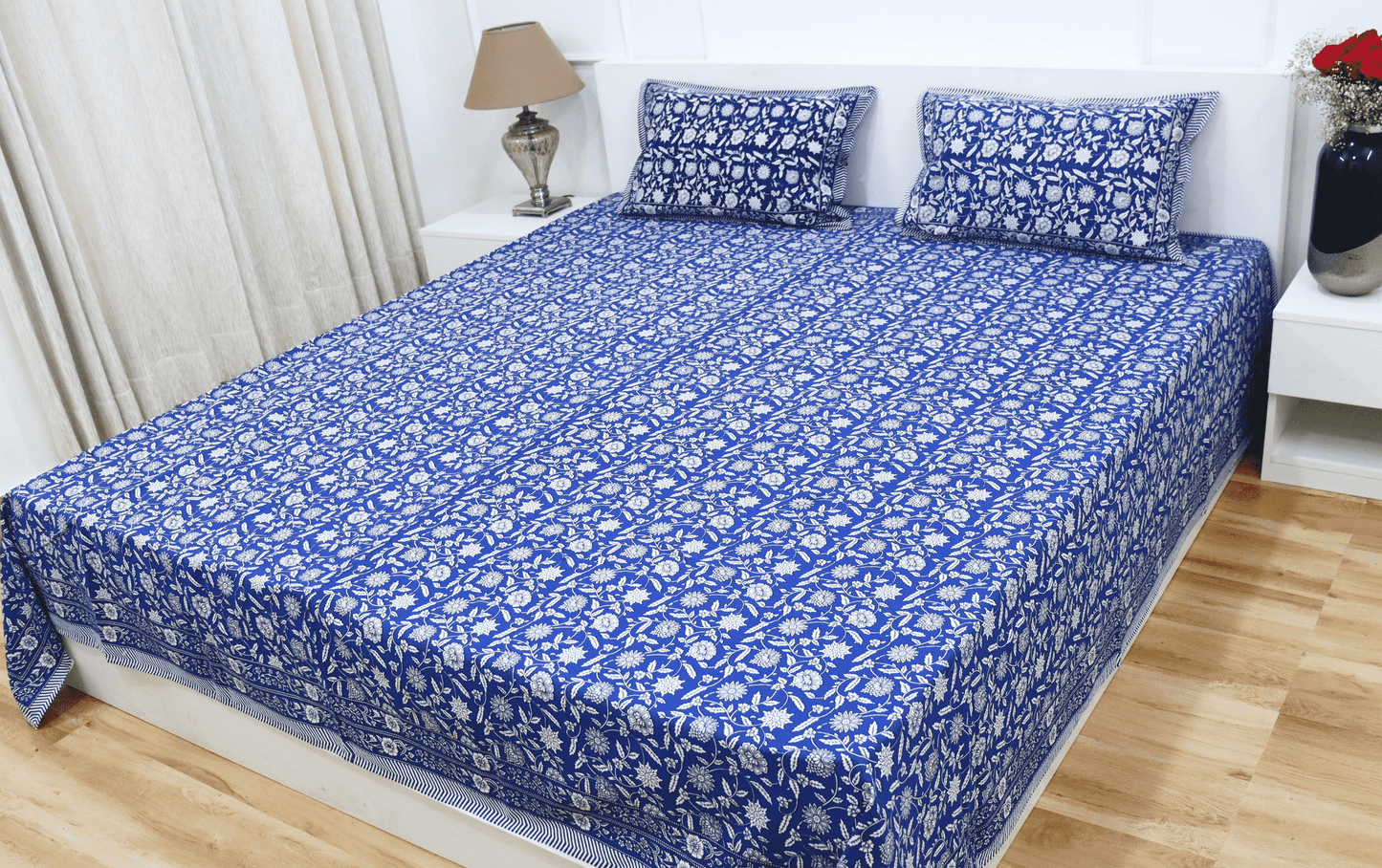 theindiglobal Handprinted Cotton bedsheet for Double bed (90 X 100 Inches) with 2 Reversible Pillow Covers, Fulwari, 210 Threadcount (Blue)…