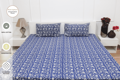 theindiglobal Handprinted Cotton bedsheet for Double bed (90 X 100 Inches) with 2 Reversible Pillow Covers, Fulwari, 210 Threadcount (Blue)…