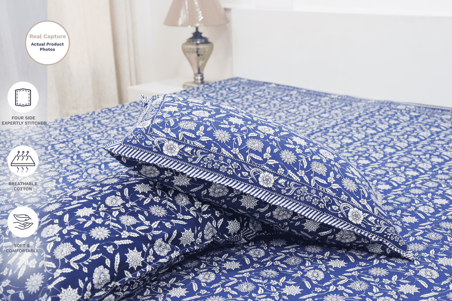 theindiglobal Handprinted Cotton bedsheet for Double bed (90 X 100 Inches) with 2 Reversible Pillow Covers, Fulwari, 210 Threadcount (Blue)…