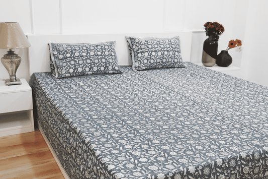 theindiglobal Handprinted Cotton bedsheet for Double bed (90 X 100 Inches) with 2 Reversible Pillow Covers, Fulwari, 210 Threadcount (Grey)…