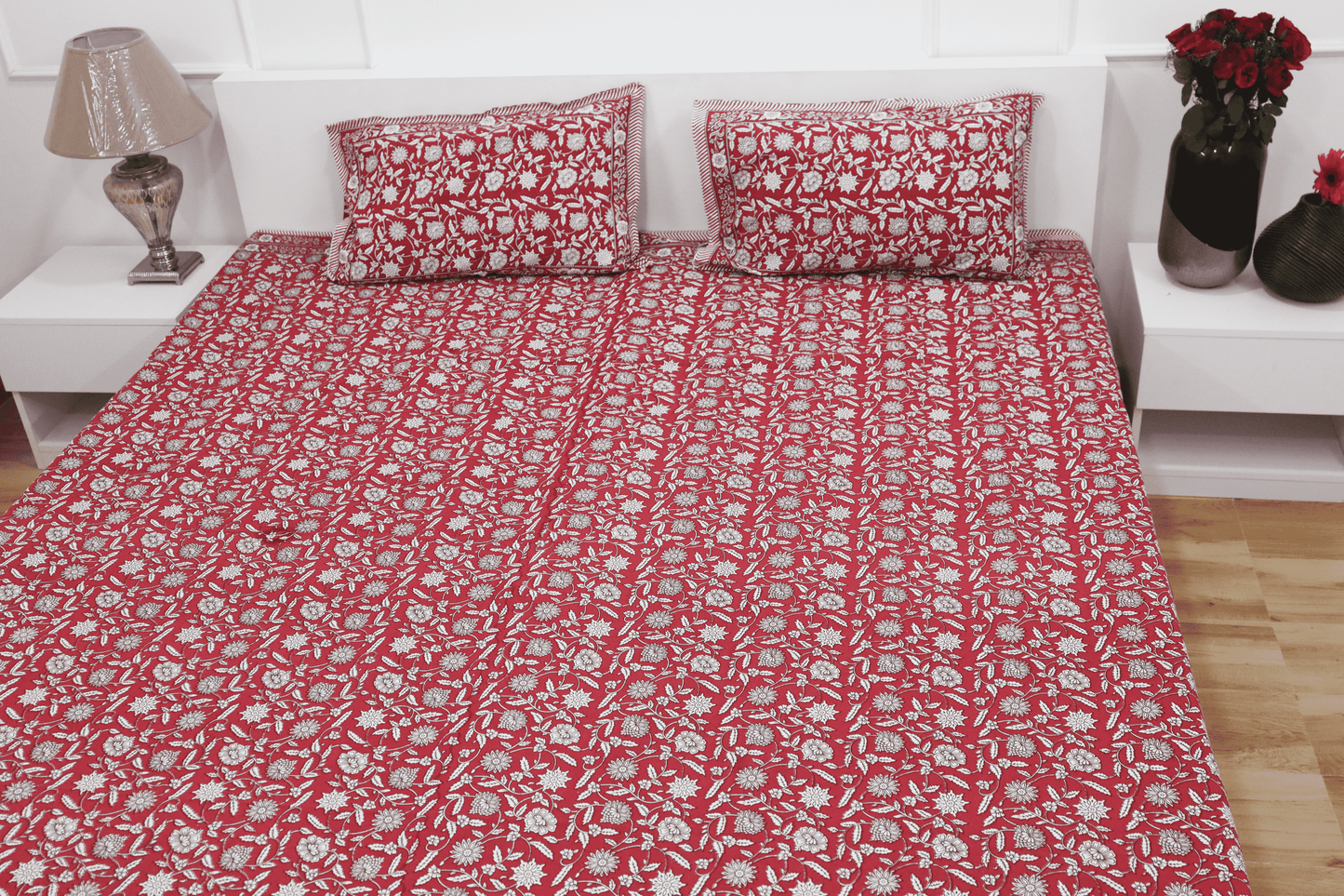 theindiglobal Handprinted Cotton bedsheet for Double bed (90 X 100 Inches) with 2 Reversible Pillow Covers, Fulwari, 210 Threadcount (Red)…