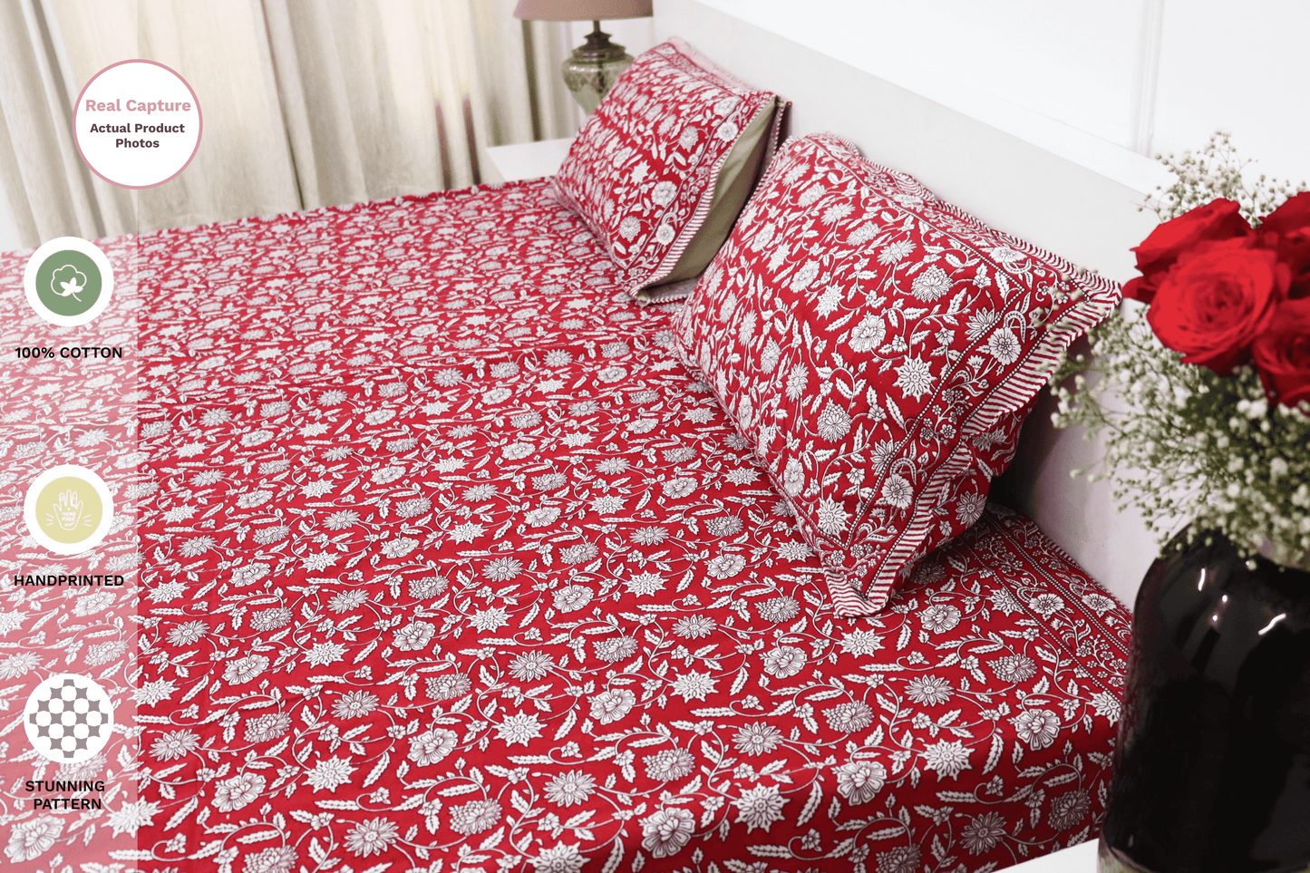 theindiglobal Handprinted Cotton bedsheet for Double bed (90 X 100 Inches) with 2 Reversible Pillow Covers, Fulwari, 210 Threadcount (Red)…