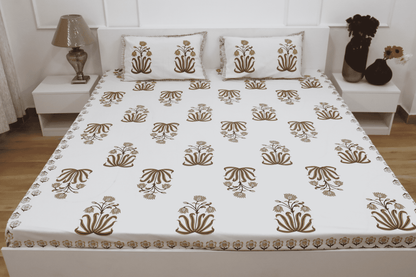 theindiglobal Handprinted Cotton bedsheet for Double bed (90 X 100 Inches) with 2 Reversible Pillow Covers, Tulips, 210 Threadcount (Brown)…