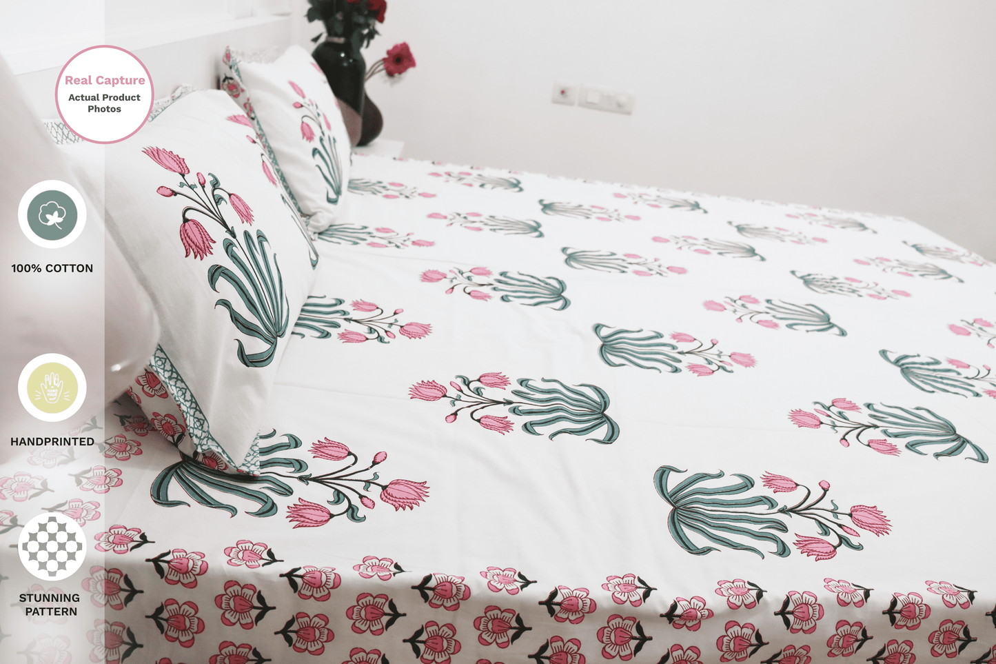 theindiglobal Handprinted Cotton bedsheet for Double bed (90 X 100 Inches) with 2 Reversible Pillow Covers, Tulips, 210 Threadcount (Pink)…