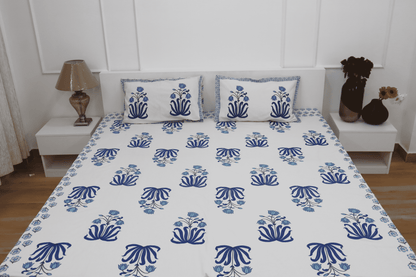 theindiglobal Handprinted Cotton bedsheet for Double bed (90 X 100 Inches) with 2 Reversible Pillow Covers, Tulips, 210 Threadcount (Blue)…