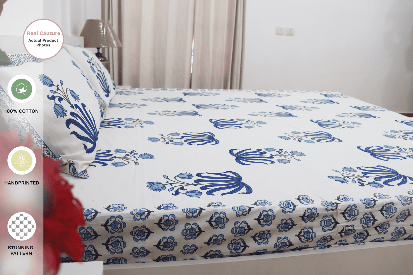 theindiglobal Handprinted Cotton bedsheet for Double bed (90 X 100 Inches) with 2 Reversible Pillow Covers, Tulips, 210 Threadcount (Blue)…