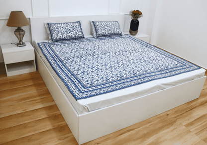 theindiglobal Handblock Cotton bedsheet for double bed (90 X 100 Inches) with 2 Reversible Pillow Covers, Kalamkari, 210 Threadcount (Blue