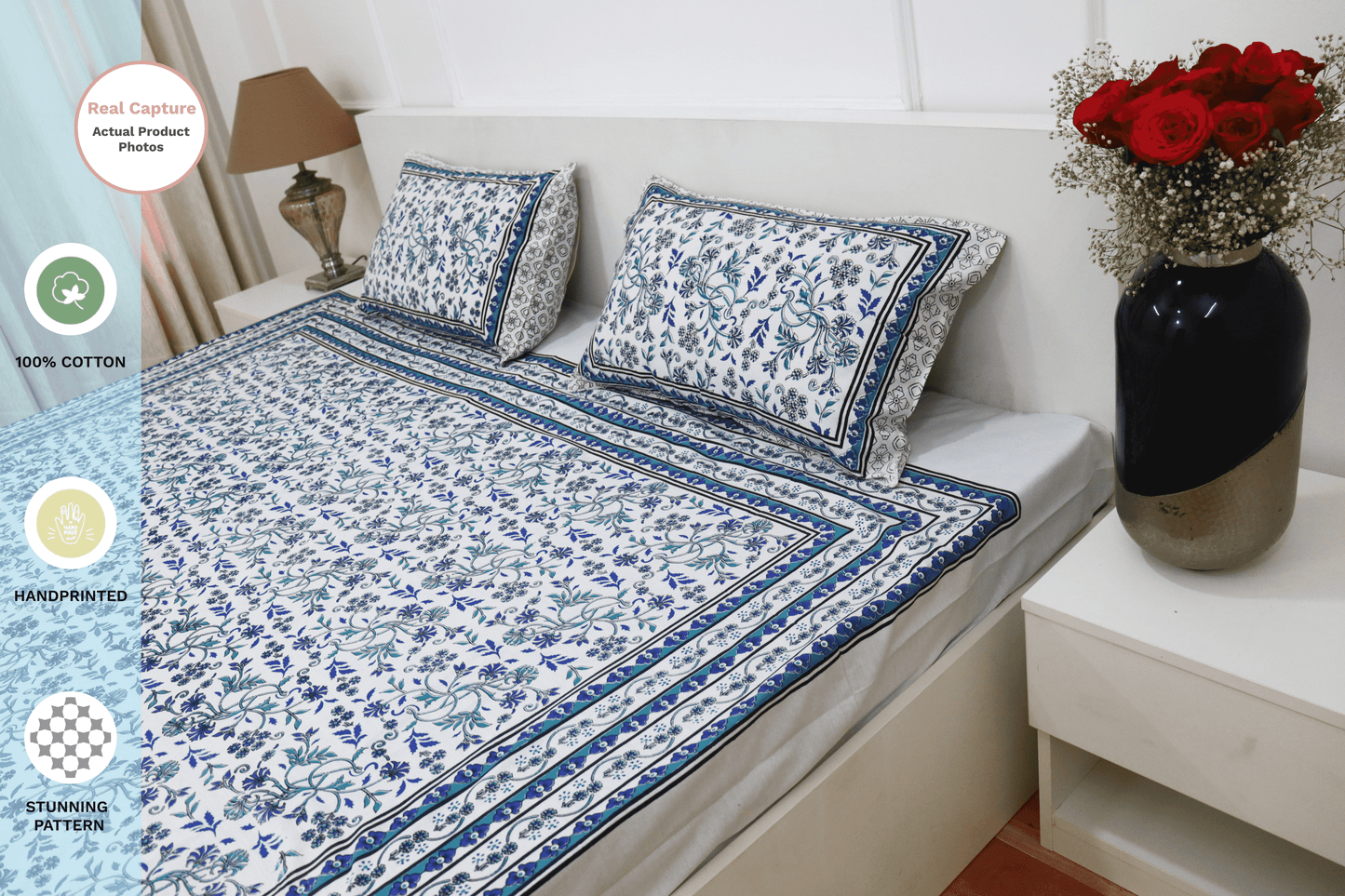 theindiglobal Handblock Cotton bedsheet for double bed (90 X 100 Inches) with 2 Reversible Pillow Covers, Kalamkari, 210 Threadcount (Blue