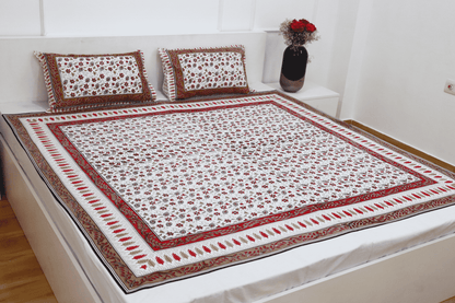 theindiglobal Handblock Cotton bedsheet for double bed (90 X 100 Inches) with 2 Reversible Pillow Covers, Kalamkari, 210 Threadcount (Red)