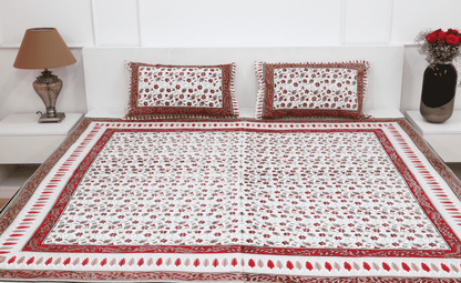 theindiglobal Handblock Cotton bedsheet for double bed (90 X 100 Inches) with 2 Reversible Pillow Covers, Kalamkari, 210 Threadcount (Red)