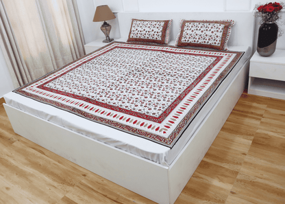 theindiglobal Handblock Cotton bedsheet for double bed (90 X 100 Inches) with 2 Reversible Pillow Covers, Kalamkari, 210 Threadcount (Red)