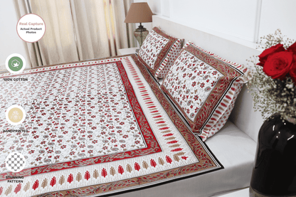 theindiglobal Handblock Cotton bedsheet for double bed (90 X 100 Inches) with 2 Reversible Pillow Covers, Kalamkari, 210 Threadcount (Red)