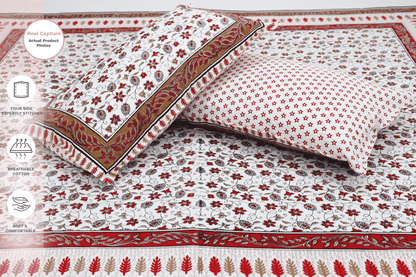 theindiglobal Handblock Cotton bedsheet for double bed (90 X 100 Inches) with 2 Reversible Pillow Covers, Kalamkari, 210 Threadcount (Red)