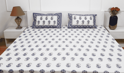 theindiglobal Handprinted Cotton bedsheet for Double bed (90 X 100 Inches) with 2 Reversible Pillow Covers, Paisley, 210 Threadcount (Blue)…