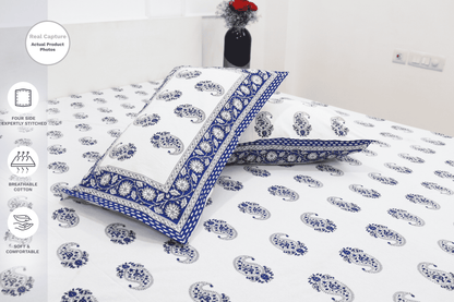 theindiglobal Handprinted Cotton bedsheet for Double bed (90 X 100 Inches) with 2 Reversible Pillow Covers, Paisley, 210 Threadcount (Blue)…