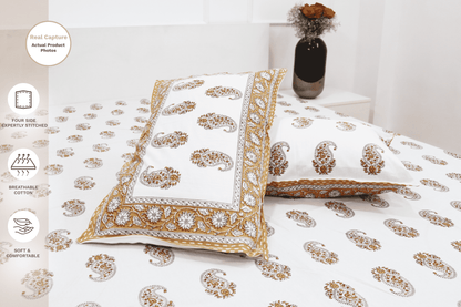 theindiglobal Handprinted Cotton bedsheet for Double bed (90 X 100 Inches) with 2 Reversible Pillow Covers, Paisley, 210 Threadcount (Brown)…