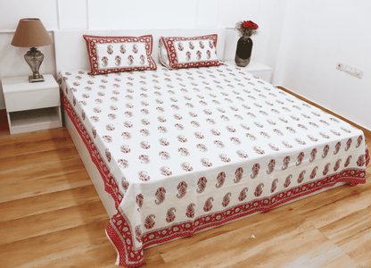 theindiglobal Handprinted Cotton bedsheet for Double bed (90 X 100 Inches) with 2 Reversible Pillow Covers, Paisley, 210 Threadcount (Red)…