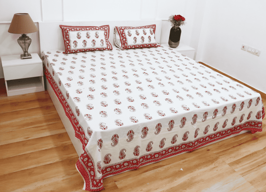 theindiglobal Handprinted Cotton bedsheet for Double bed (90 X 100 Inches) with 2 Reversible Pillow Covers, Paisley, 210 Threadcount (Red)…