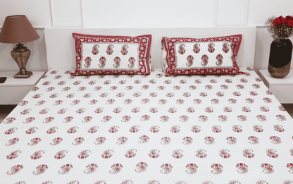 theindiglobal Handprinted Cotton bedsheet for Double bed (90 X 100 Inches) with 2 Reversible Pillow Covers, Paisley, 210 Threadcount (Red)…