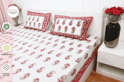 theindiglobal Handprinted Cotton bedsheet for Double bed (90 X 100 Inches) with 2 Reversible Pillow Covers, Paisley, 210 Threadcount (Red)…