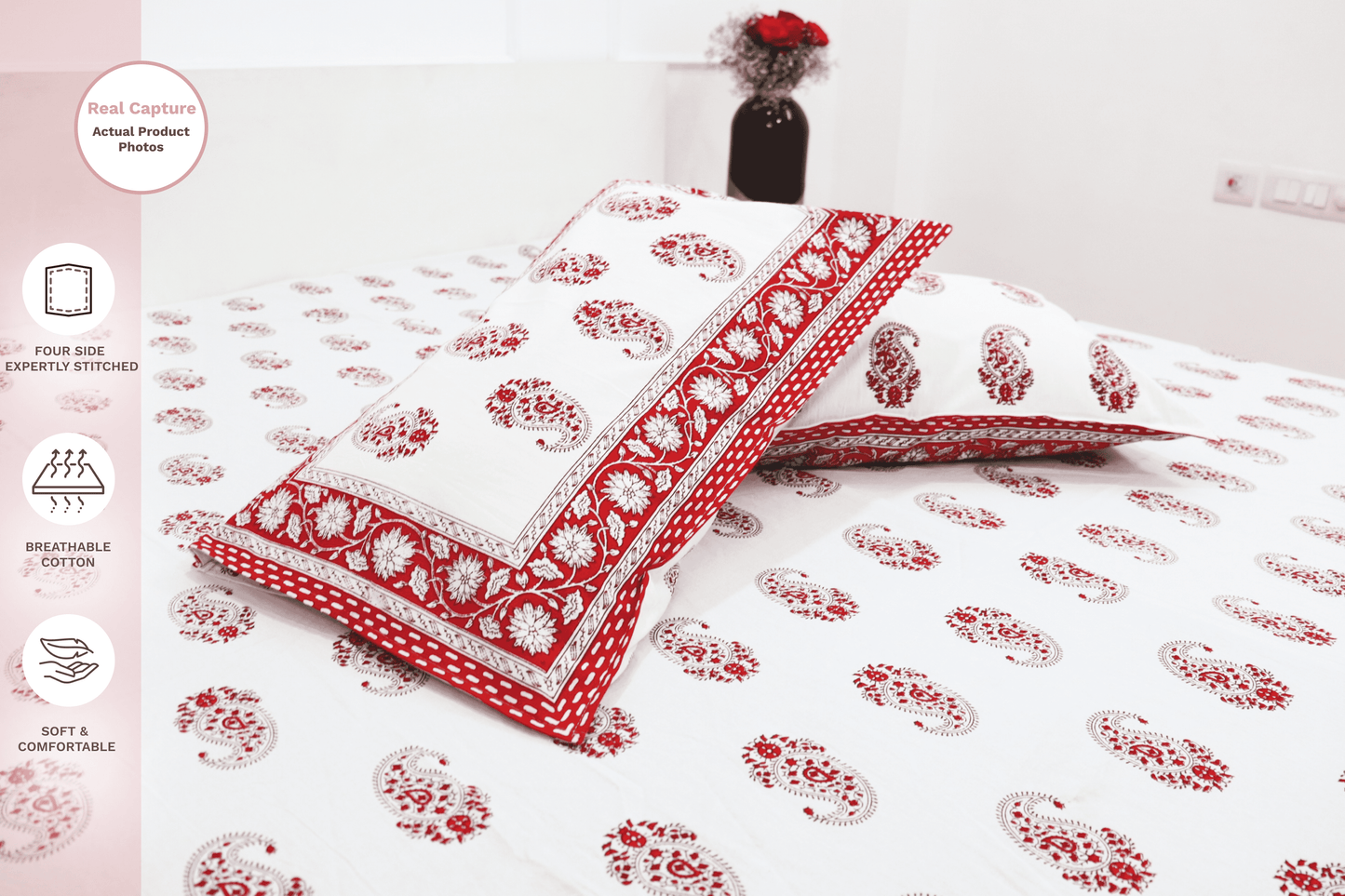 theindiglobal Handprinted Cotton bedsheet for Double bed (90 X 100 Inches) with 2 Reversible Pillow Covers, Paisley, 210 Threadcount (Red)…