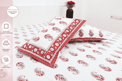 theindiglobal Handprinted Cotton bedsheet for Double bed (90 X 100 Inches) with 2 Reversible Pillow Covers, Paisley, 210 Threadcount (Red)…