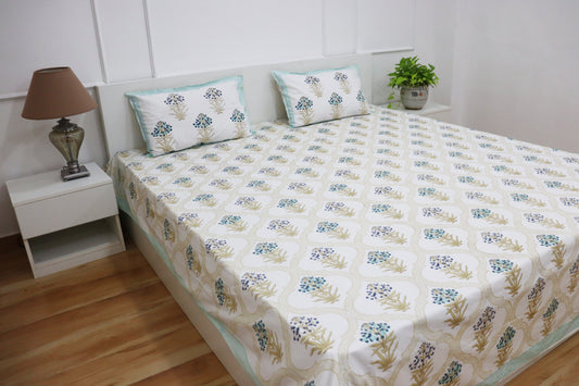 Veda Handblock Printed Percale Bedsheet 300 TC With Two Reversible Pillow Covers