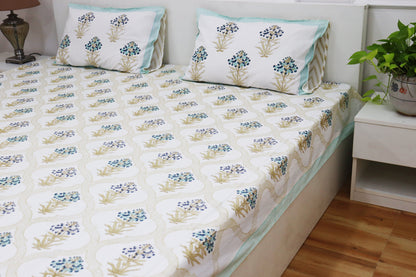 Veda Handblock Printed Percale Bedsheet 300 TC With Two Reversible Pillow Covers