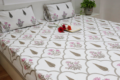 Veda Handblock Printed Percale Bedsheet 300 TC With Two Reversible Pillow Covers