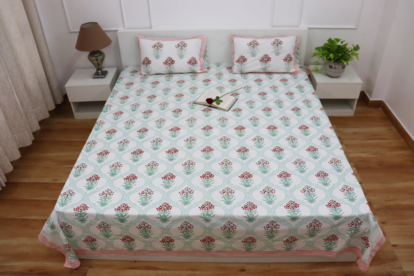 Veda Handblock Printed Percale Bedsheet 300 TC With Two Reversible Pillow Covers