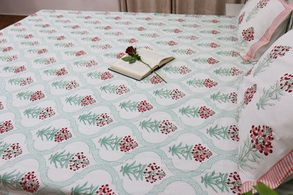 Veda Handblock Printed Percale Bedsheet 300 TC With Two Reversible Pillow Covers