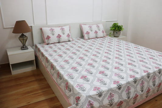 Veda Handblock Printed Percale Bedsheet 300 TC With Two Reversible Pillow Covers