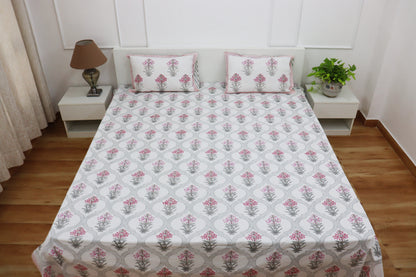 Veda Handblock Printed Percale Bedsheet 300 TC With Two Reversible Pillow Covers